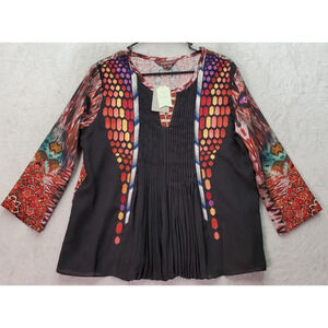 RANNA GiLL Blouse Top Women's Medium Black Multi Geometric Pleated Long Sleeve